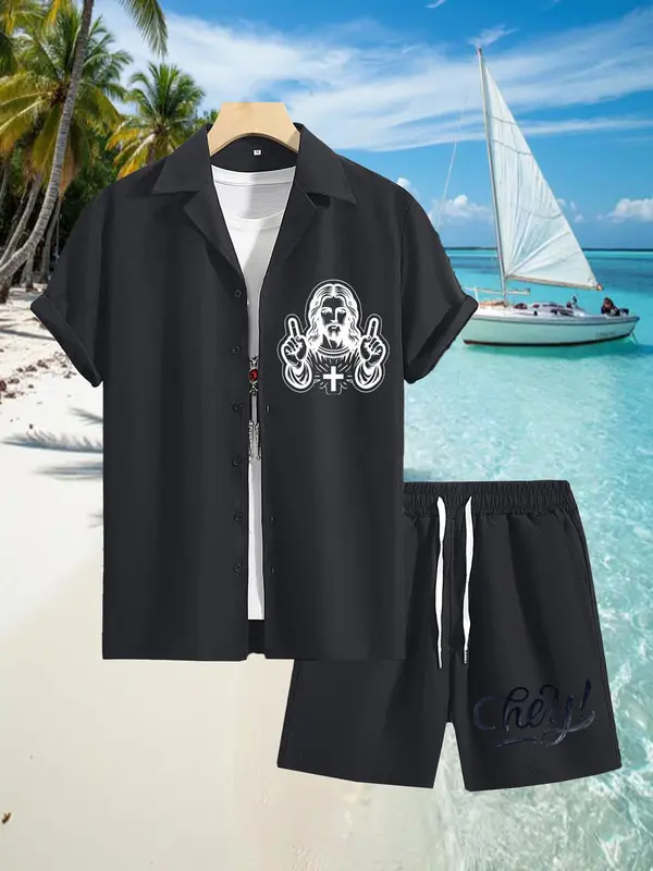 Two-Piece Set Men's Letter & Jesus Print Short Sleeve Shirt & Shorts, Regular Fit Casual Button Down Collared Top & Shorts, Summer Clothes Set for Men 2