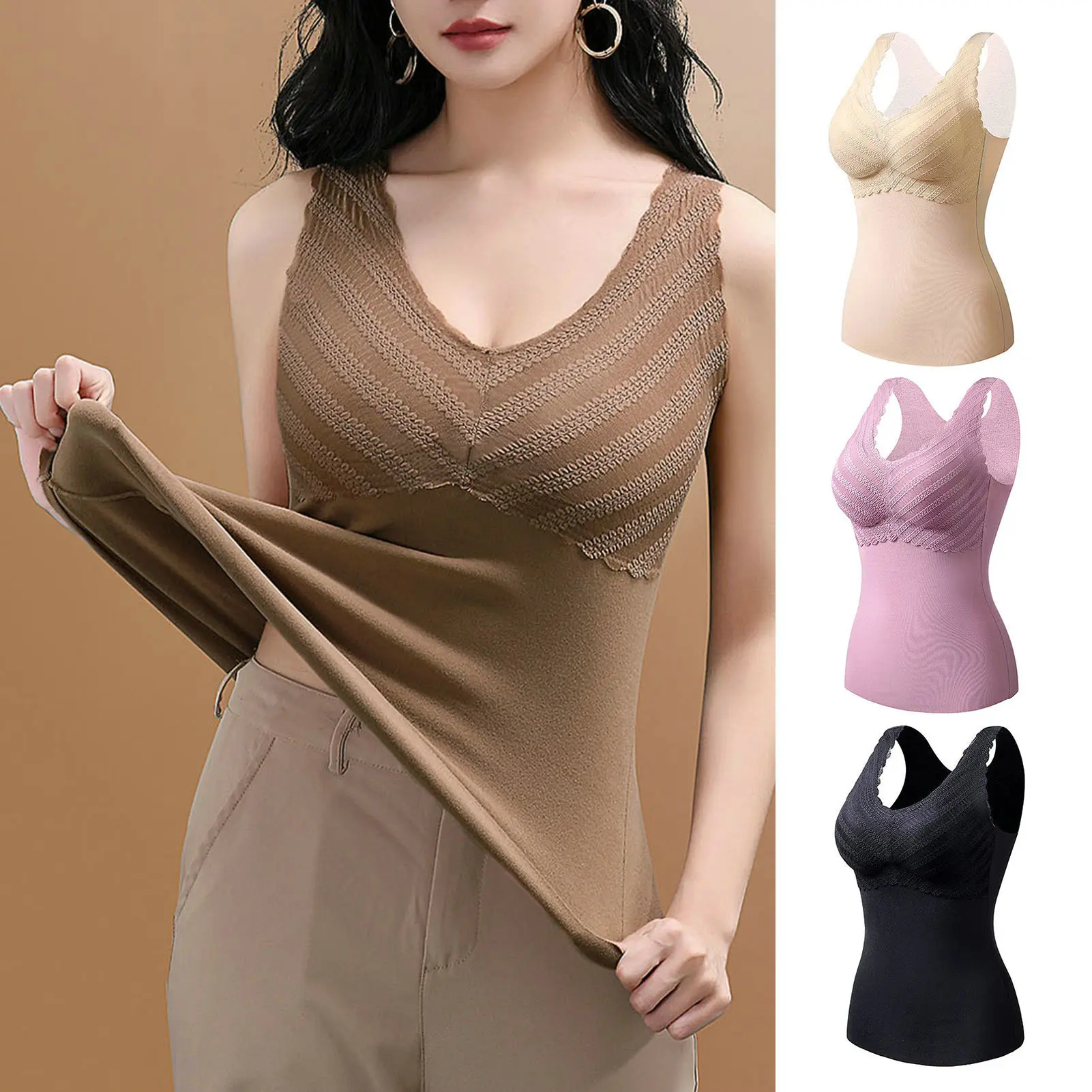 Mieeuo - เสื้อกั๊กกันความร้อนคอวีสำหรับผู้หญิง เย็บลูกไม้ ซับในกำมะหยี่ DE ชั้นฐาน ชุดชั้นในบุนวมอบอุ่นไร้รอยต่อ ฤดูใบไม้ร่วงและฤดูหนาว