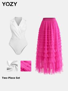 YOZY Women's Solid Tiered Layer Tulle Skirt & Bodysuit Two-piece Set, Casual Fashion Cozy Two Piece Outfits for Daily Outdoor Wear, Ladies Clothes for All Seasons