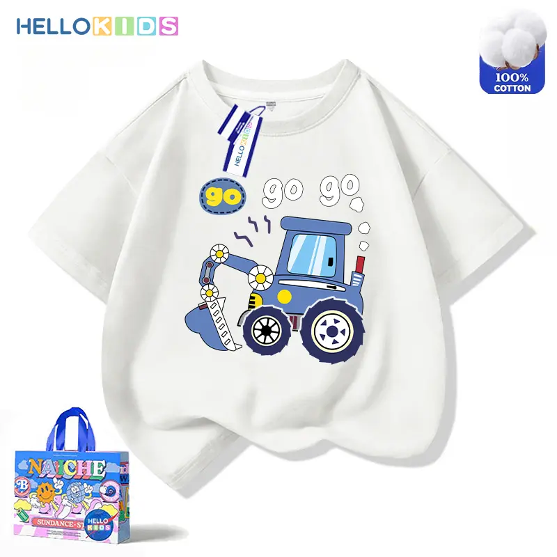 Áo Thun ngắn Tay Thời Trang Trẻ Em, 100% Cotton, Thiết Kế Máy Xúc Hoạt Hình Mới, Dành Cho Bé Trai, Áo Dáng Rộng 1