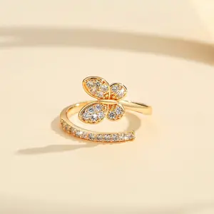 Cincin Titanium Steel Wanita Rose Gold Kristal Kupu -Kupu Berlian Untuk Bahan Adjustable Pernikahan LM311