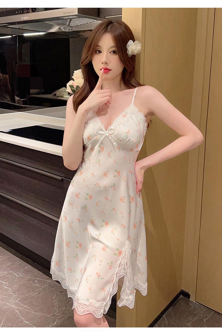 Product Introduction of 2025 Same Style Sexy Nightdress with Chest Pad Women's Summer Sling Artificial Silk High-Grade Pure Desire Style Home Wear 23