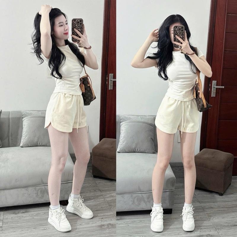 Set bộ BAD thêu Đồ Nữ Trơn Basic Ôm Body Áo Nhún Rúm Eo Ngắn Tay Mix Quần Đùi (BỘ NHÚN EO TRƠN) 3