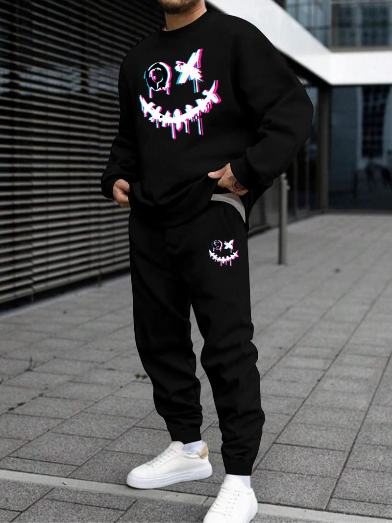Product Introduction of Men's Smile Face Print Sweatshirt & Elastic Waist Sweatpants Set, Casual Long Sleeve Pullover & Jogger Pants for Fall & Winter, Men's Outfits for Daily Wear 4