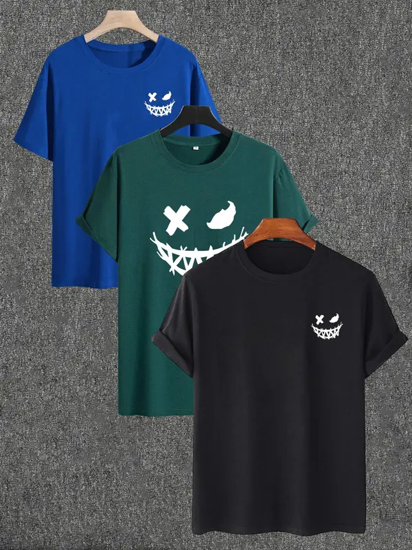 Unisex Men's Cartoon Face Print Drop Shoulder Tee, Regular Fit Casual Short Sleeve Round Neck T-shirt for Summer, Graphic Tees, Men's Clothes for Daily Wear 2