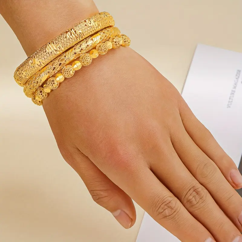 3pcs set of Middle East Dubai jewelry for brides, luxurious national style Golden-plated bracelets, African Ethiopian Women's wedding bracelet sets suitable daily wear by women, all-season accessories mother's day gift 4