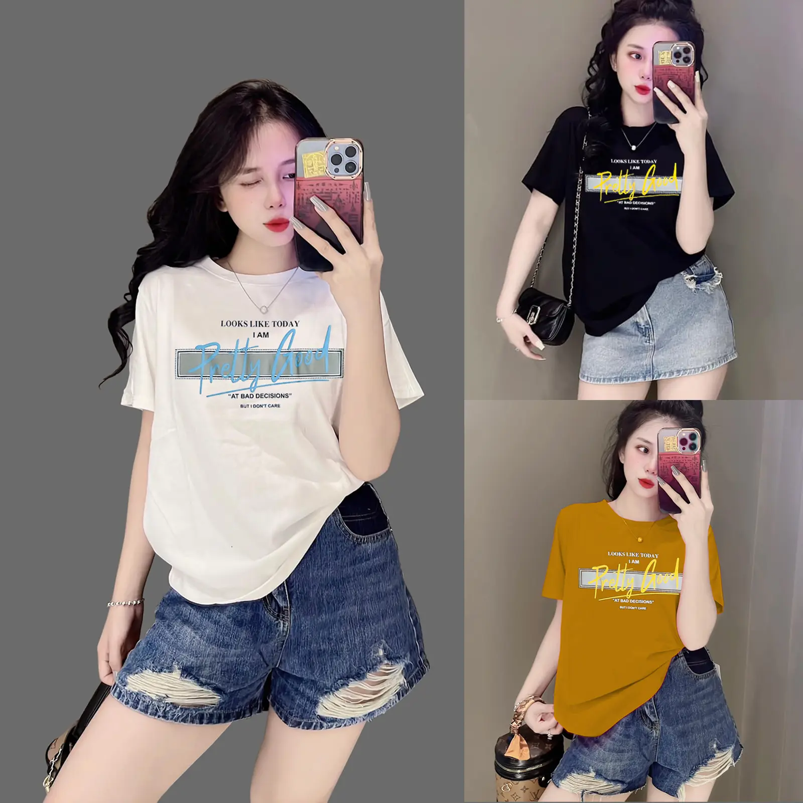 Áo Thun Thái Nữ [Mã A62] Form Vừa 40~60kg, Cotton Mềm Mịn Mát [Pretty Good] Top Cổ Tròn Women Màu đen nâu đễ thương Màu Trắng