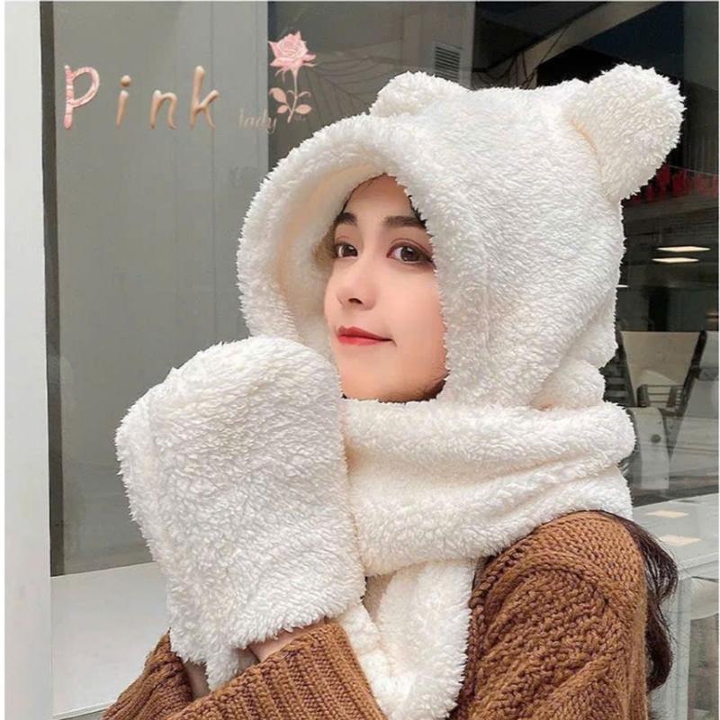 Đôi tai gấu dễ thương Mũ sưởi ấm mùa đông len lông mịn cao cấp kèm khăn quàng cổ bao tay chất 3 trong 1 siêu xinh