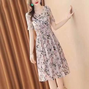 [Chiffon]Fashion French Style Short Sleeve Showing Slim A-line Dress Women Elegant Ruffle Collar Retro Korean Style Floral Chiffon Dresses defined waist