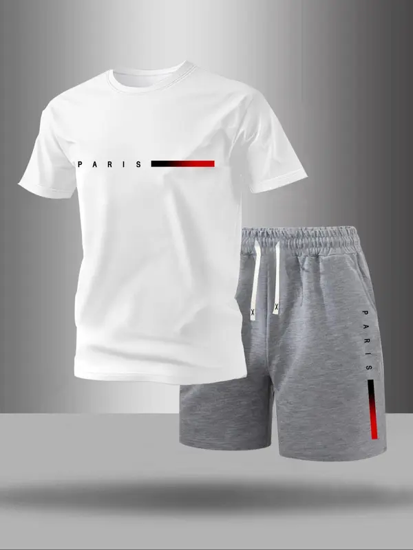 Men's Letter Print Tee & Drawstring Waist Shorts Set, Regular Fit Round Neck Short Sleeve T-shirt & Track Shorts, Casual Summer Clothes for Outdoor 3