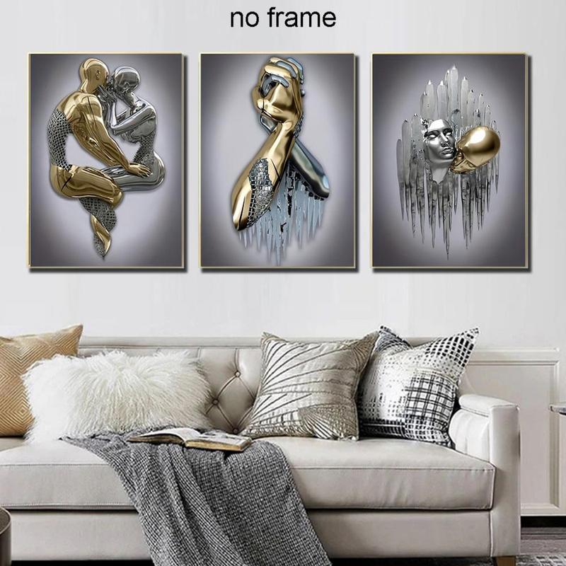 3D Metal Sculpture Statue Couple Pattern Canvas Wall Art without Frame, 3 Counts Modern Simple Wall Art Painting, Wall Art Decor for Home Living Room Bedroom 4