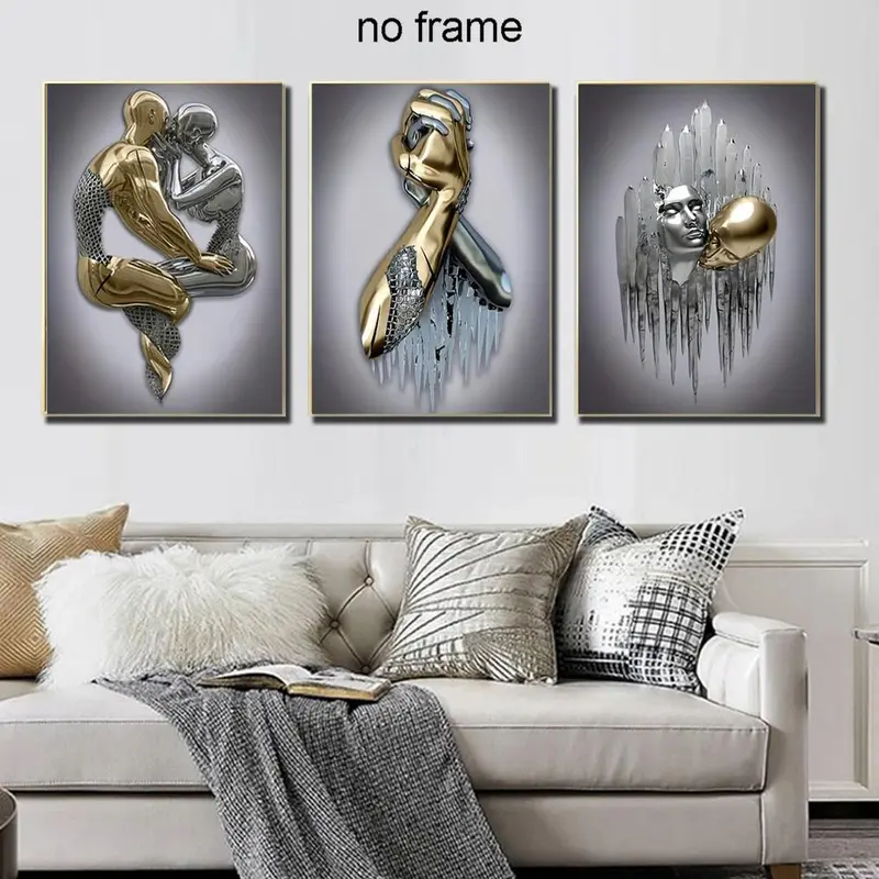 3D Metal Sculpture Statue Couple Pattern Canvas Wall Art without Frame, 3 Counts Modern Simple Wall Art Painting, Wall Art Decor for Home Living Room Bedroom 4