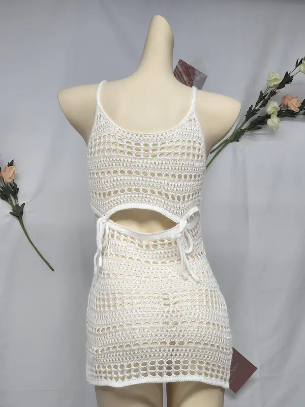 Women's Plain Crochet Knit Sweater Dress, Casual Sleeveless Knit Short Dress for Summer, Ladies Clothes for Beach Holiday 2