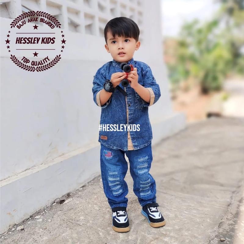 Setelan Jeans Kemeja Anak Laki Laki Usia 1-8 Tahun Lembut 4