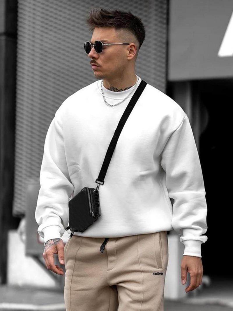 Product Introduction of Unisex Men's Solid Color Round Neck Long Sleeve Sweatshirt, Essentials Sweatshirt, Regular Fit Crewneck Pullover Tops, Men Going Out Outfits 9