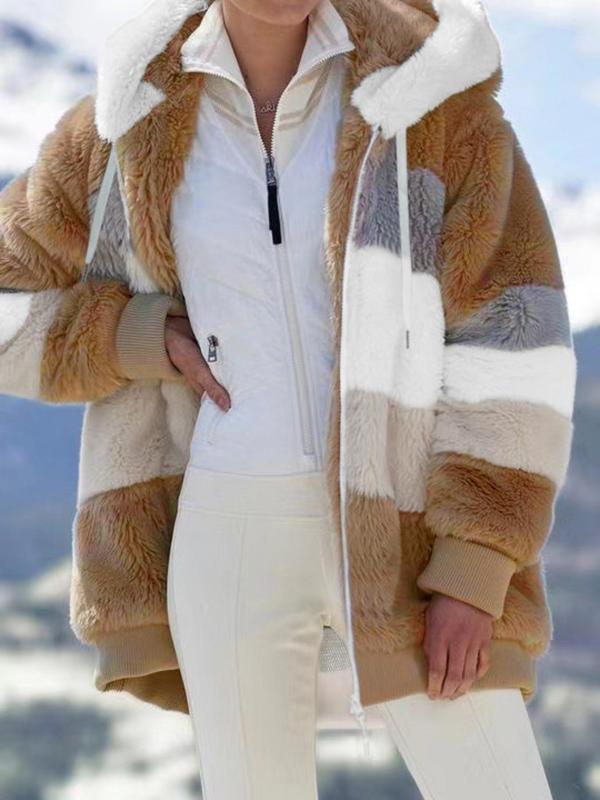 Women's Colorblock Drop Shoulder Hooded Polar Fleece Coat, Fashion Casual Long Sleeve Zip Up Warm Outerwear For Daily Outdoor Wear, Women's Clothing 3