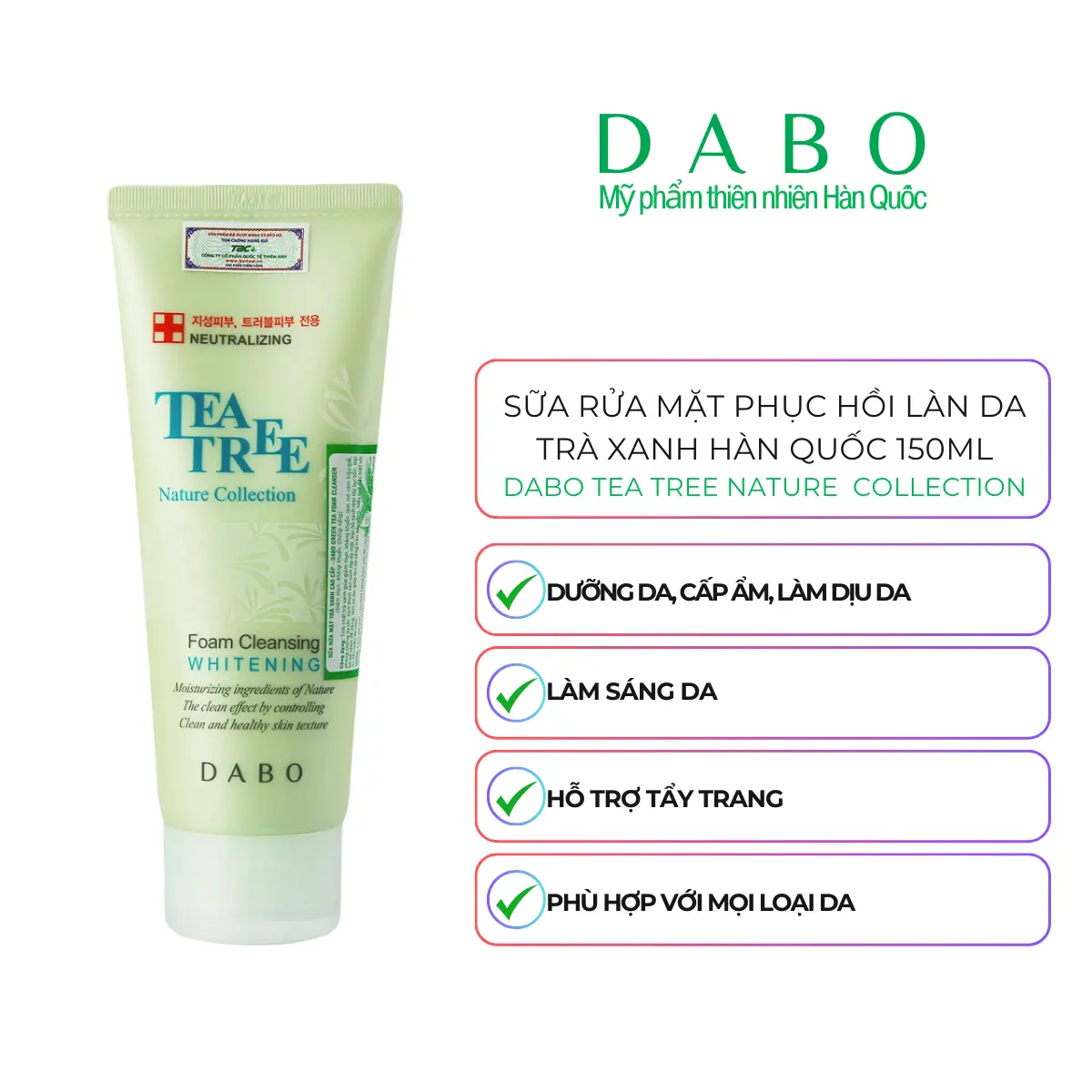 [MỸ PHẨM DABO CHÍNH HÃNG] Sữa rửa mặt Trà Xanh - Dabo Tea Tree Nature Collection Foam Cleansing 150ml (Tặng 1 đắp mặt nạ Trà Xanh)