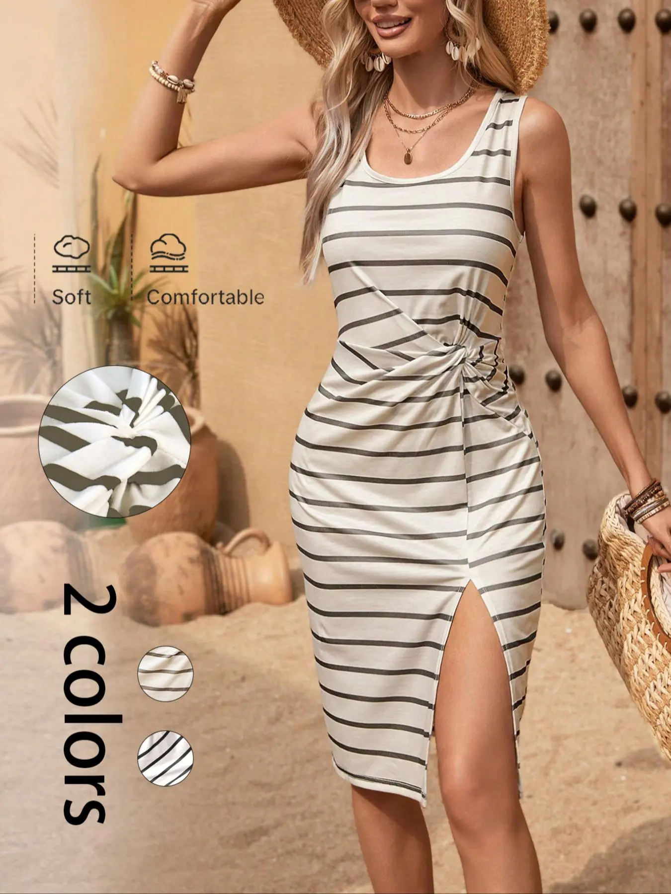Women's Striped Print U Neck Tank Dress, Elegant Fashion Sleeveless   Dress for Daily Outdoor Wear, Women Dress for Summer