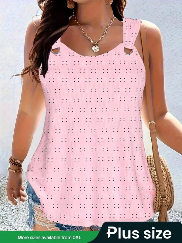Plus Size Eyelet Embroidery Hollow Out Metal Decor Slim-fit Tank Top, Casual Sleeveless Top for Summer, Women's Plus Clothing for Daily Wear, Cute Summer Tops 0