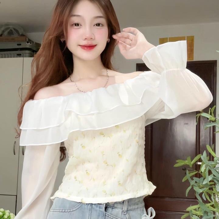  Áo kiểu HOA NHÍ trễ vai tay DÀI phối bèo tầng  Top Nữ Voan 
