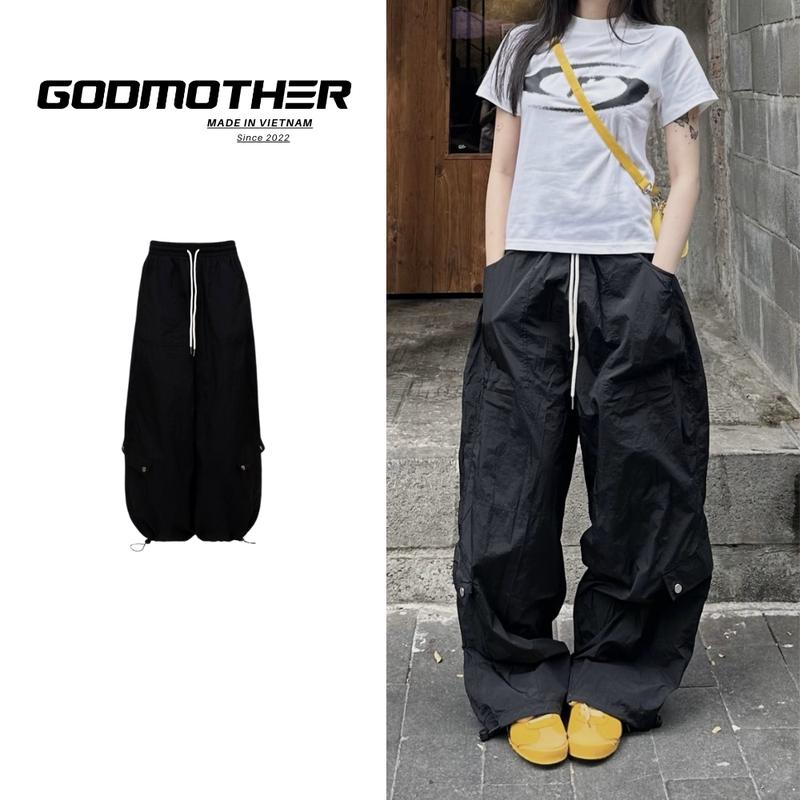 Quần Dù Parachute Ống Rộng Túi Hộp GODMOTHER Quần Jogger Có Dây Rút Cạp Chun Form Rộng Nam Nữ Menswear