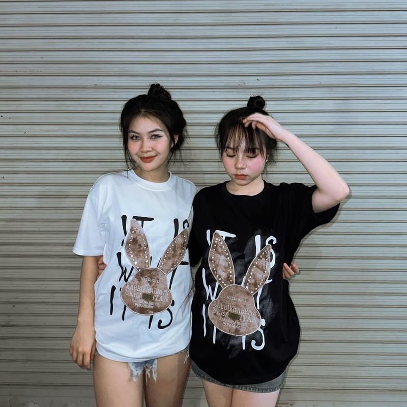 Áo phông Nữ Cổ Tròn giấu quần hàng QC thỏ thêu hoạ tiết tai đính đá 1