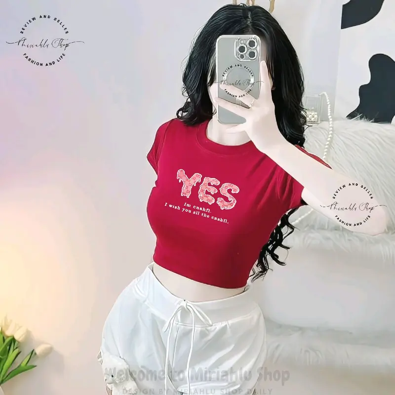 Áo Croptop Borip Ôm Body Nữ Form Basic Cổ Tròn Tay Ngắn In Chữ Yes, Women Thun Sen Sò Hoa Sen Trắng Kem Tre Tim Lịch Dáng Ngắn 4