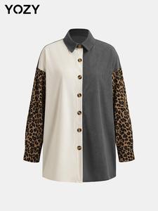 YOZY Women's Leopard Patchwork Print Button Front Corduroy Jacket, Casual Drop Shoulder Long Sleeve Collared Outerwear for Daily Wear, Ladies Clothes for All Seasons