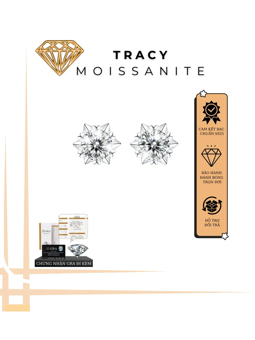 Khuyên Tai Đá Moissanite, Khuyên tai Snowflake Moissanite, Khảm 6 Chấu, Bạc s925 si vàng trắng 18k,Sang Trọng, Tinh Tế, Kiểm Đinh GRA, 0.5CARAT