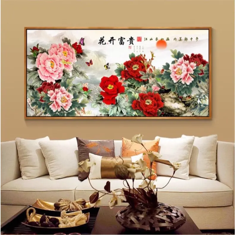 Tranh thêu -tranh đá hoa mẫu đơn Thêu 195x83-177x76-110x50cm Làm Đồ Handmade Thêu Chữ Handmade