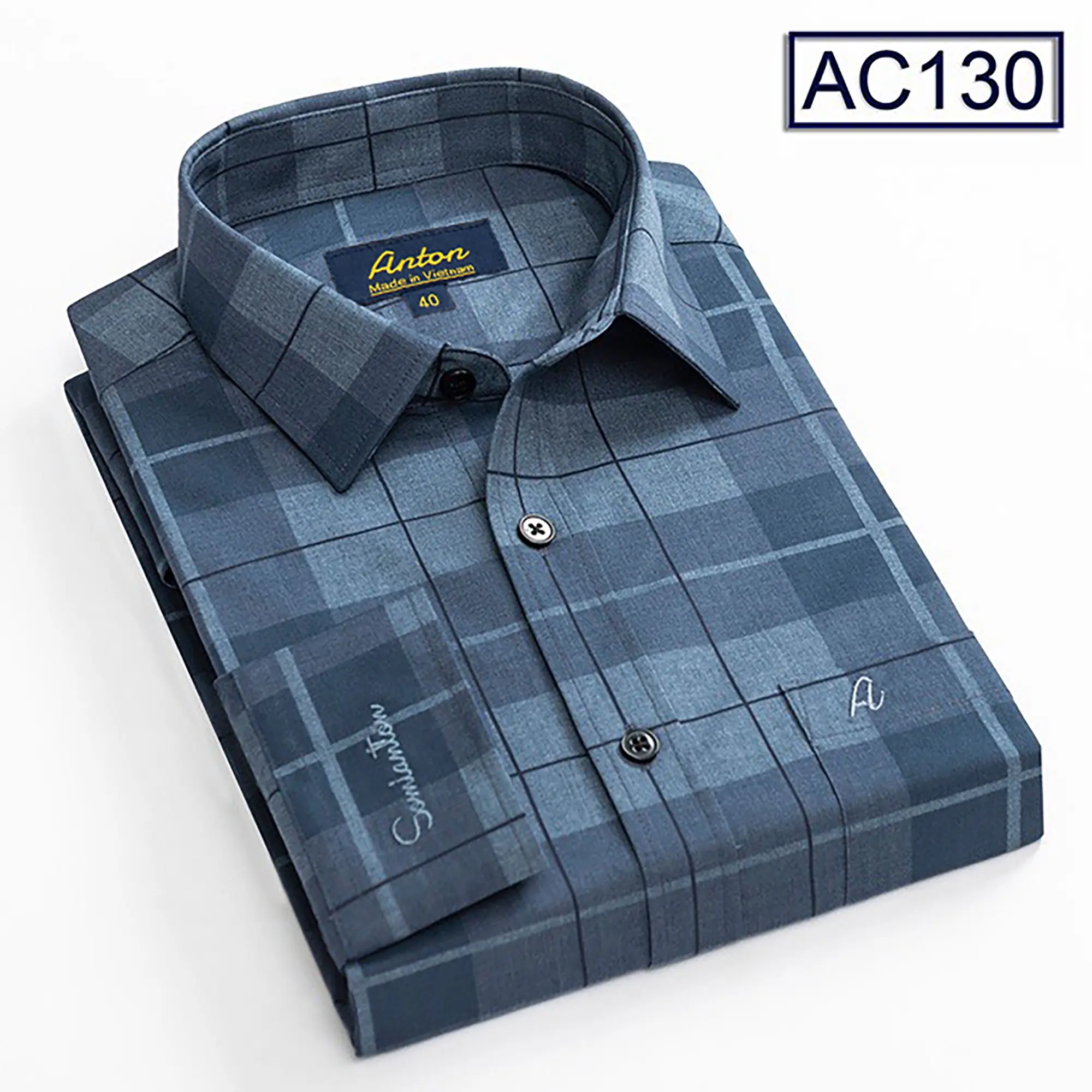 Áo Sơ Mi Nam Công Sở Trung Niên Anton Somianton Dài Tay Xanh Than Họa Tiết Kẻ Sọc Caro Sợi Tre Thoáng Mát, Thấm Hút Mồ Hôi Menswear Shirt Cổ Tròn- AC130