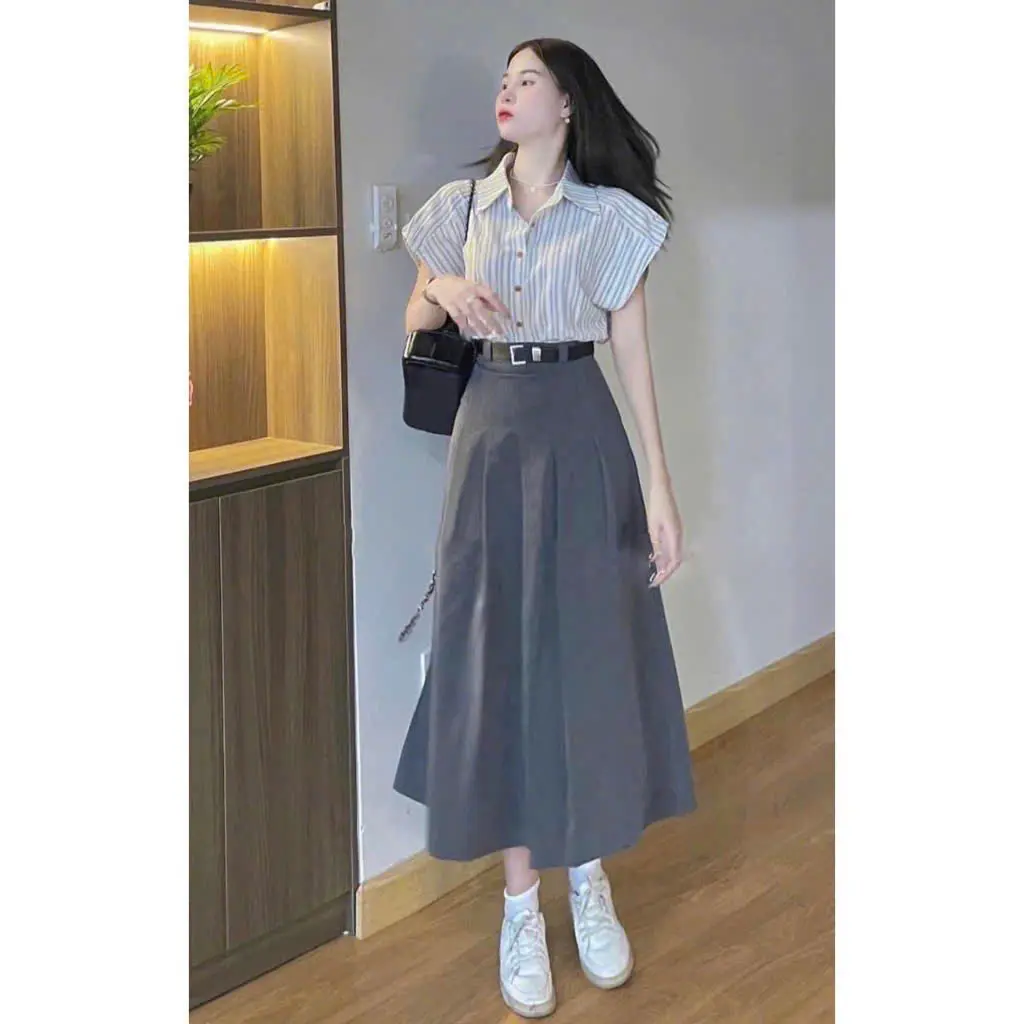 Sét đồ nữ, áo sơ mi tay con, chân váy kaki dài ( kèm nịt ), thích hợp đi dạo Kem Top Women Pants Shirt Khuy