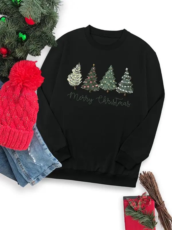 Women's Christmas Tree & Letter Print Round Neck Sweatshirt, Casual Long Sleeve Crew Neck Pullover for Fall & Winter, Women's Clothes for Daily Wear 2