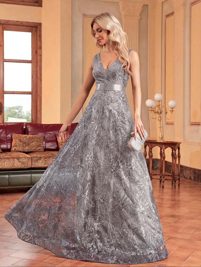 Product Introduction of Women's Floral Sequins Backless Sheer V Neck Evening Dress, Summer Clothes Women, Lady's Dresses Summer, Elegant Sleeveless Maxi A Line Gown for Party Wedding Bridesmaid, Ladies Summer Clothing 3