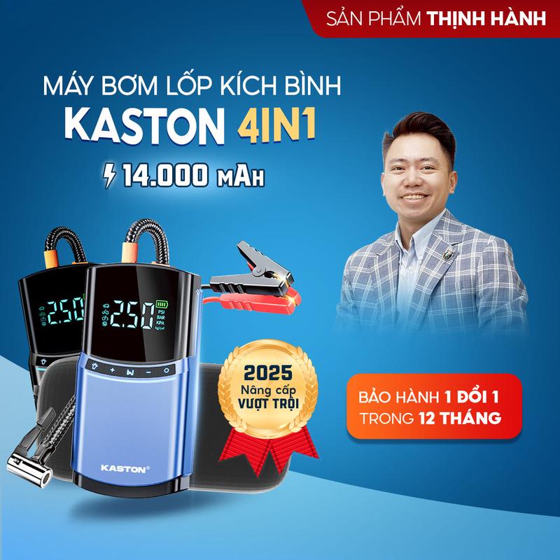 Bơm lốp kích bình ô tô 4in1 Kaston 14.000 mAh - Tích hợp Sạc dự phòng và đèn chiếu sáng - Đầy đủ phụ kiện đi kèm
