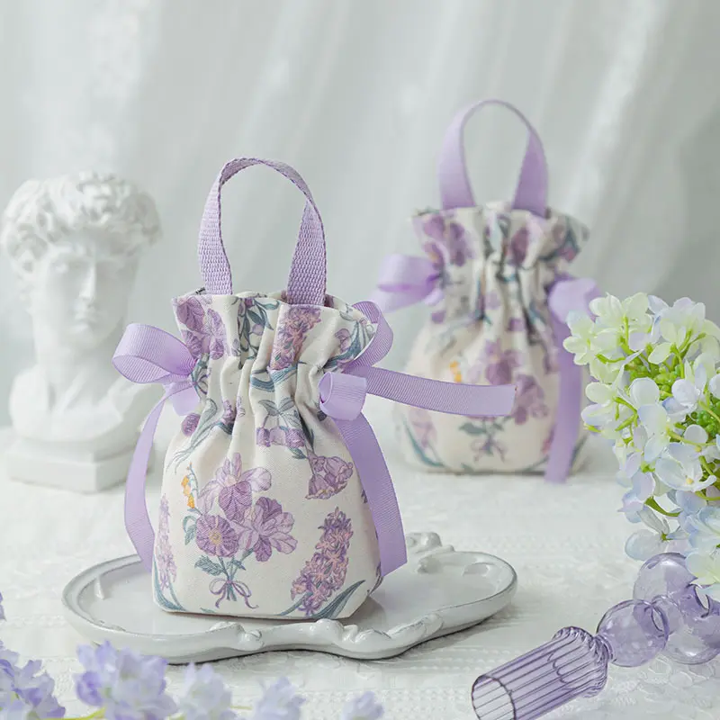[HHH]1Pc Retro Canvas Flower Drawstring Handheld Candy Bags Wedding Gifts Packing Bags Portable Candy Storage Bags Handbag
