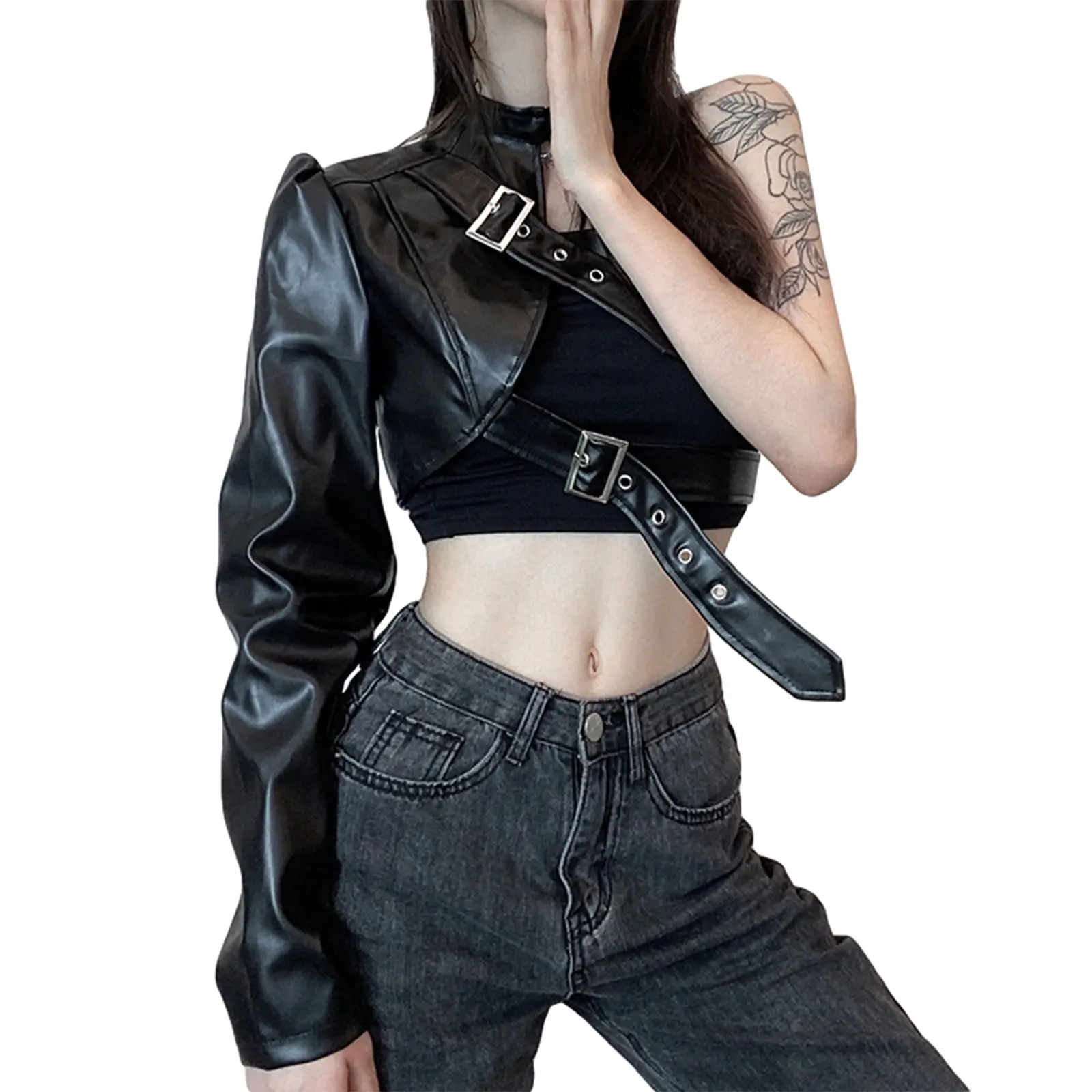 Áo Crop Top Phong Cách Punk Cho Nữ, Mát Mẻ, Đơn, Dài Tay, Cổ Móc Áo, Thắt Lưng Da, Áo Kết Nối, Quần Áo Nữ Màu Đen Shirt Nhung Sơ Mi Women