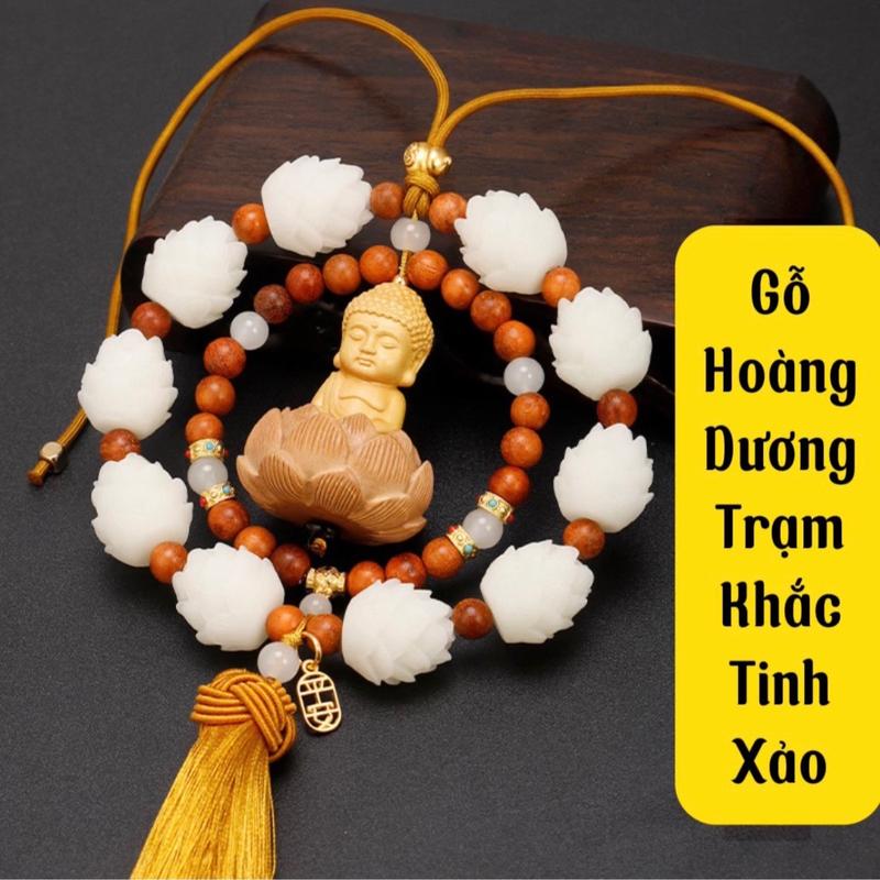  Vòng gỗ kết hợp 10 bông liên hoa và Phật Thích Ca gỗ Hoàng dương khánh treo gương chiếu hậu oto mang lại bình an may mắn vui vẻ vật phâm phong thuỷ tâm linh treo xe vong  lien trangtrí xehơi 