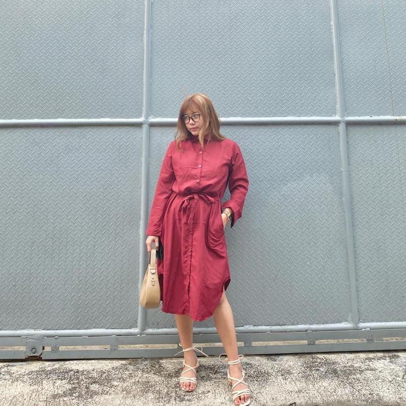 TREXUS - ZEC Dress Kasual HENA / Dress Casual Anastasia / Kemeja Dress Midi Wanita Polos Full Kancing Lengan Panjang 6