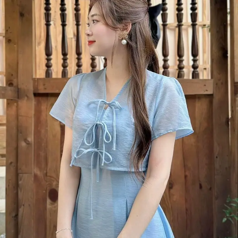 Đầm váy nữ dáng da áo khoác voan cột nơ xinh xắn màu xanh tôn da quý phái đi chơi dự tiệc đi biển 1
