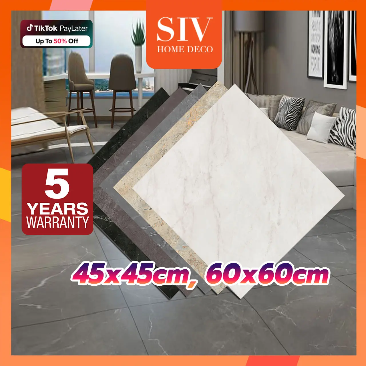 SIV 45 x 45cm&60X60cm Marble Vinyl Self-adhesive Waterproof PVC Floor Stickers Home Office Flooring