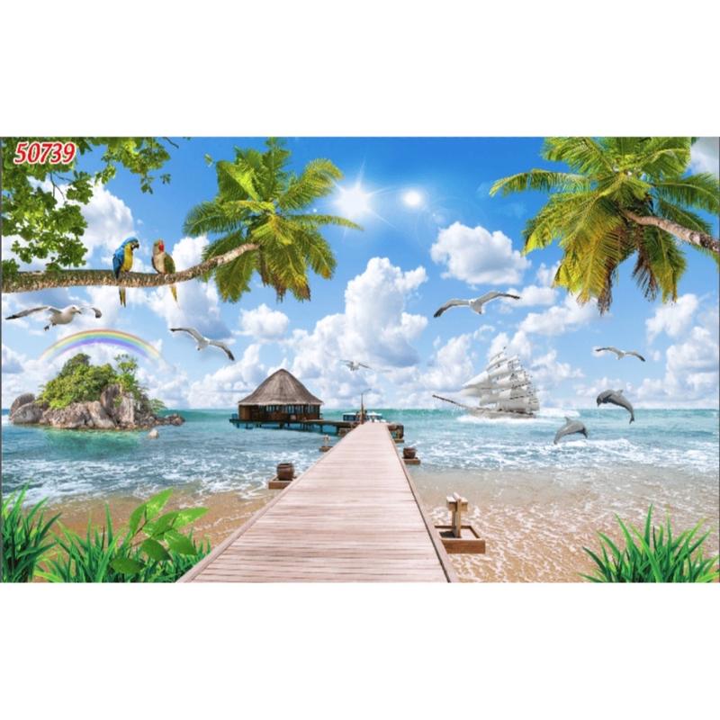Tranh 3D mẫu BIỂN nghỉ dưỡng, resort cao cấp nhận in theo kích thước yêu cầu, chất liệu vải lụa cao cấp (tặng kèm keo) Đồng Phòng Khách Decor Tường Tường Treo Tường