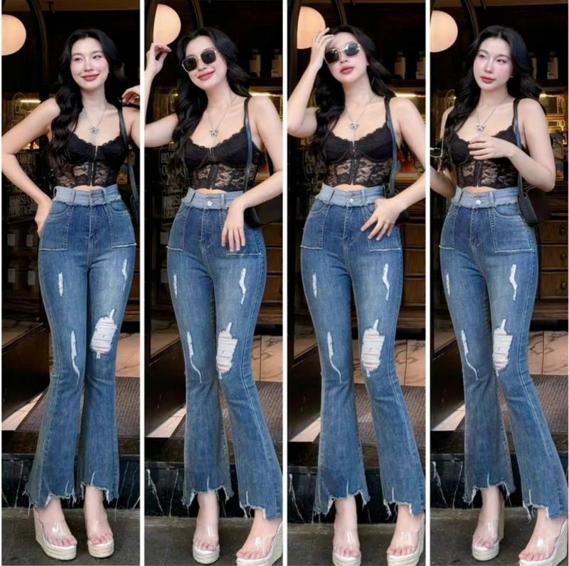 Dài 98cm Quần Jean Nữ Ống Loe Dài 98cm Lưng Phối Hai Nút Tua Rách Gối Rách Lai