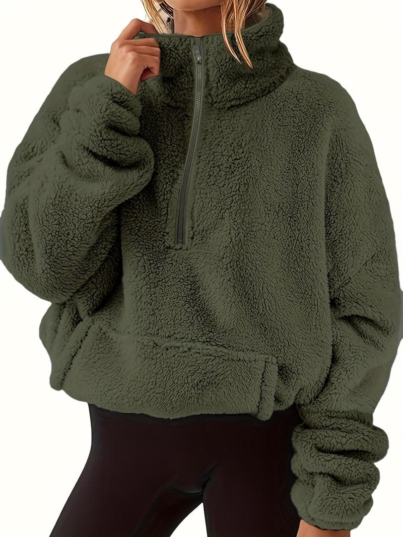 Product Introduction of Women's Drop Shoulder Pocket Half Zip Fuzzy Lounge Pullover, Casual Long Sleeve Stand Collar Loungewear Top, Women's Clothes for Fall & Winter 7