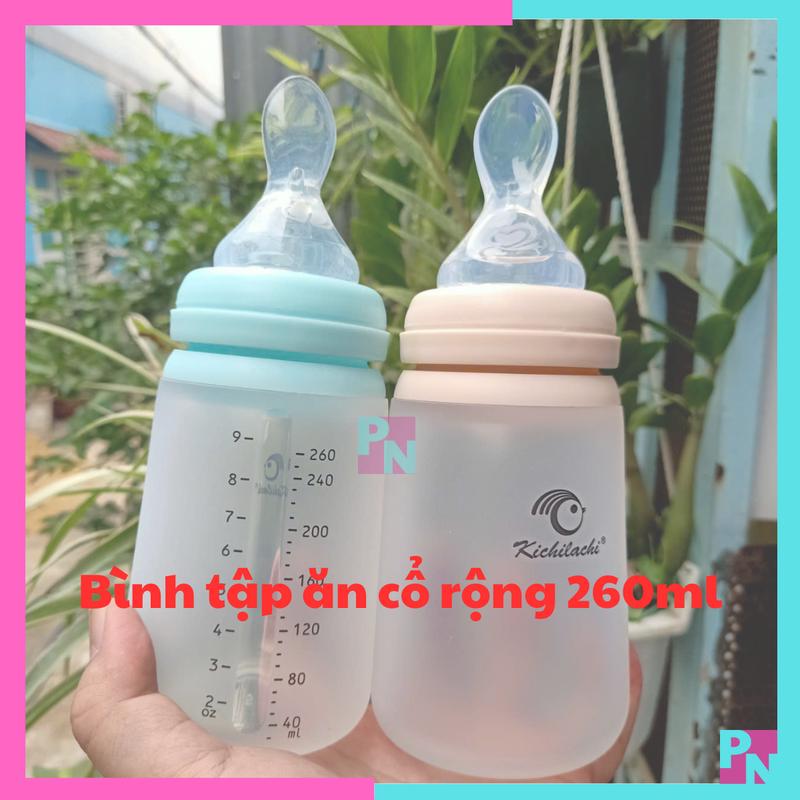 Bình tập ăn cổ rộng 260ml cho bé bình tập ăn dặm silicone muỗng thìa silicon bóp mềm Không BPA BPS
