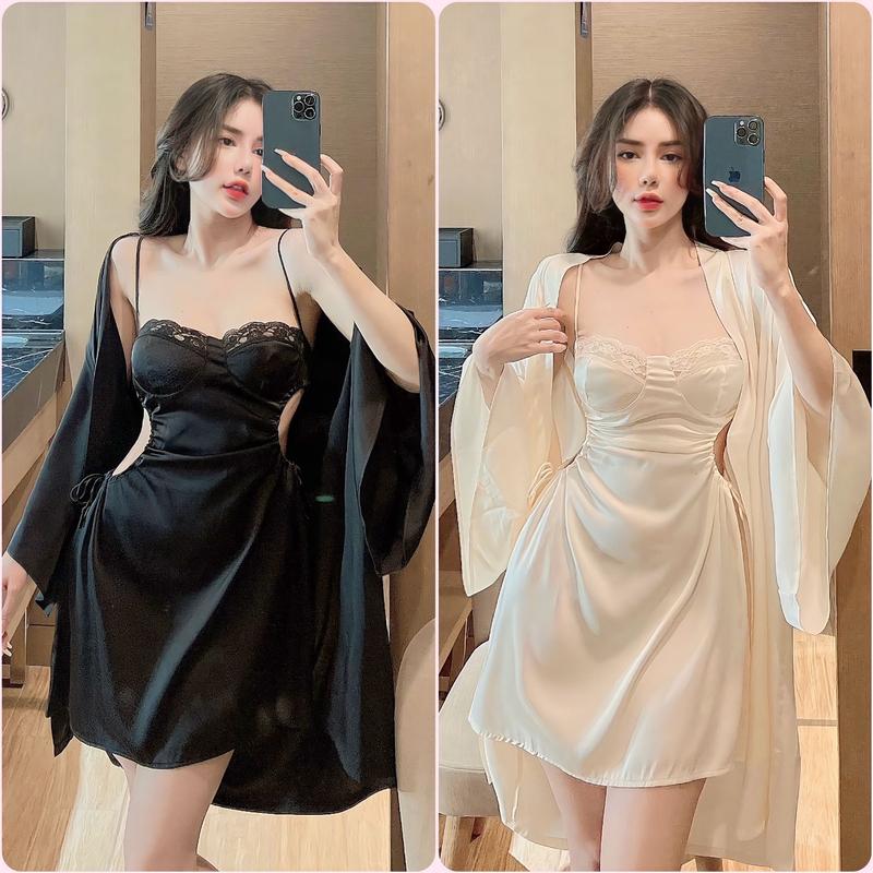 Váy Ngủ Sexy - Đầm 2 Dây Cúp Ngực Rút Eo Kèm Áo Choàng Tay Loe Rộng Lụa Latin Cực Sang - Freesize Nữ