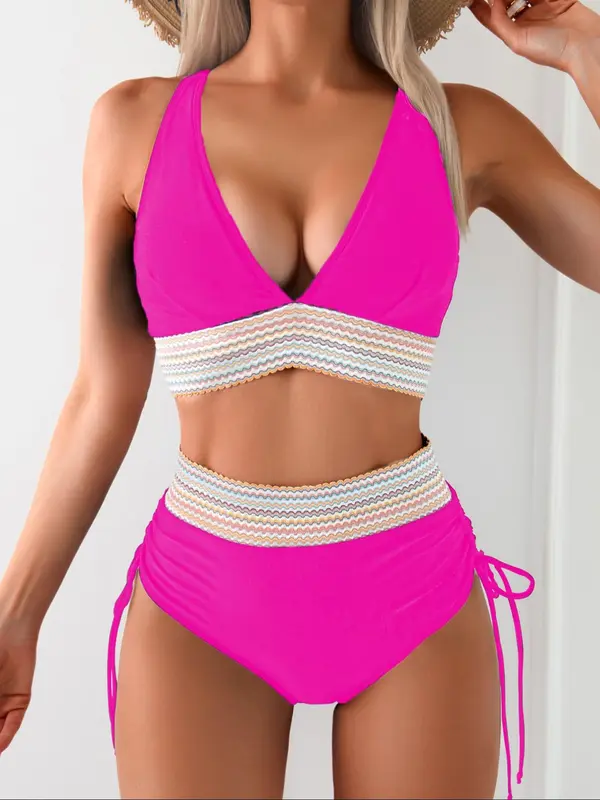 Women's Colorblock Bikinis Set, Casual V Neck Sleeveless Bikini Top & Ruched Tie Side High Waist Swim Knicker, Bathing Suits, Ladies Summer Swimwear for Beach Holiday Vacation 3