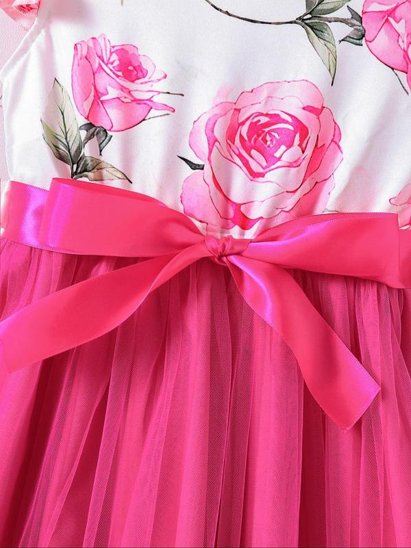 Girl's Floral Print Belted Dress, Casual Round Neck A Line Dress for Summer, Kids Clothes for Daily Wear 3