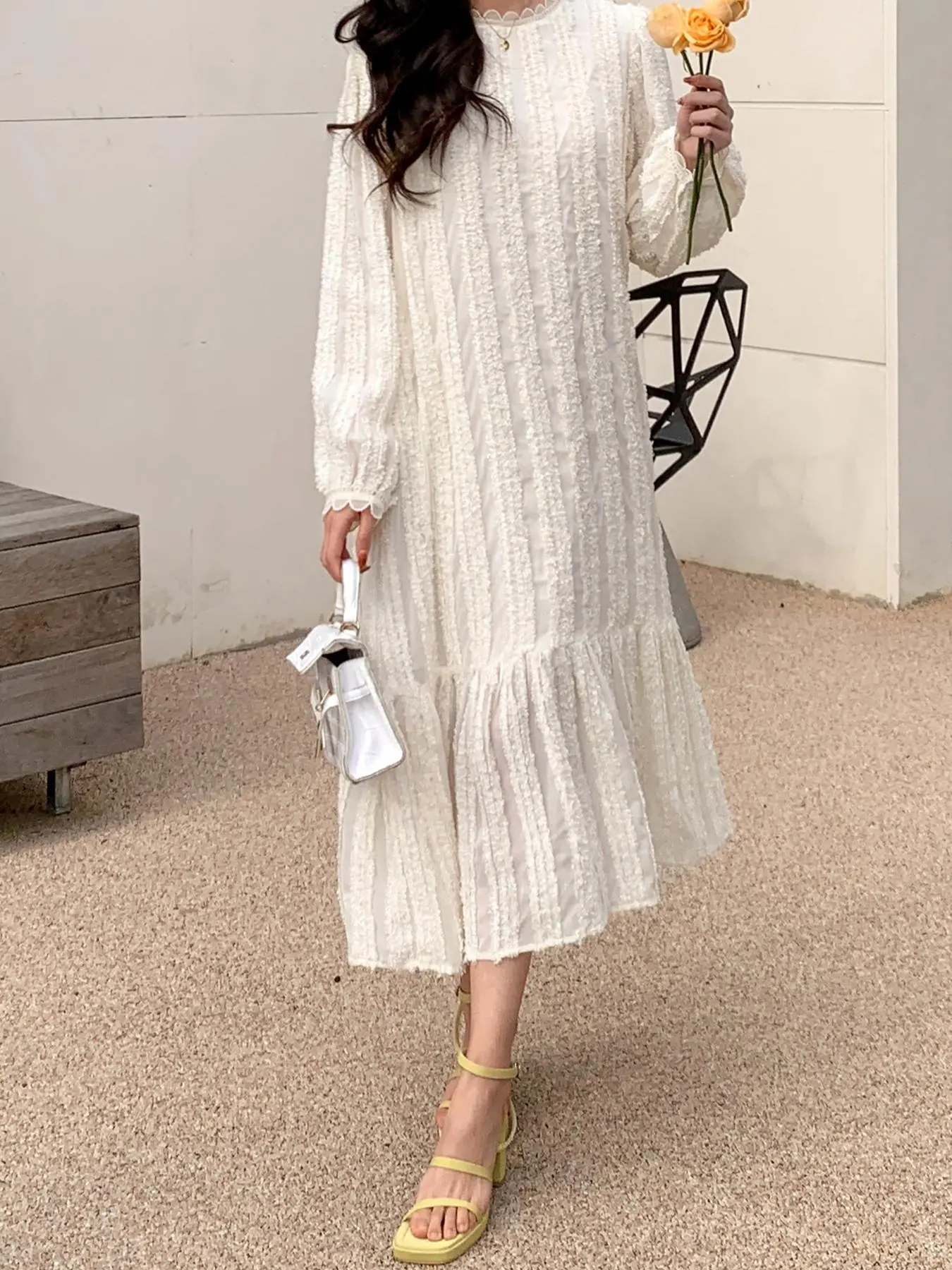 Women's Plain Dress, Elegant Round Neck Long Sleeve Dress for Daily Wear, Ladies Clothes for All Seasons