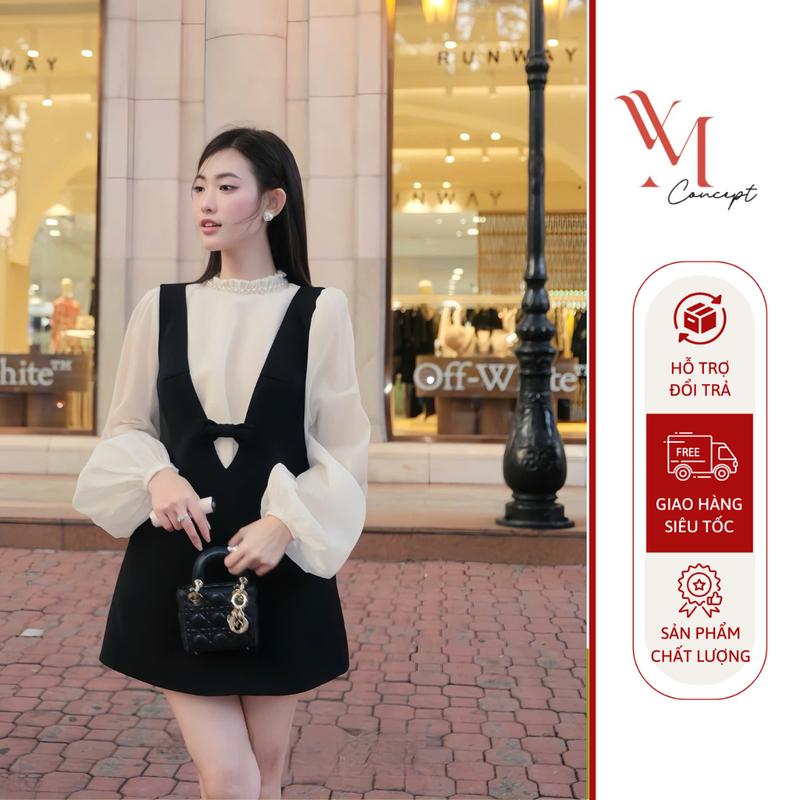 Sét Áo Baby Doll YM Concept D0880 - Áo Kem Tay Phồng Cổ Ngọc + Đầm Yếm Trẻ Trung - Đủ Size S/M/L/XL - Xuất xứ Việt Nam - Women, Nữ Top Tre Blazer